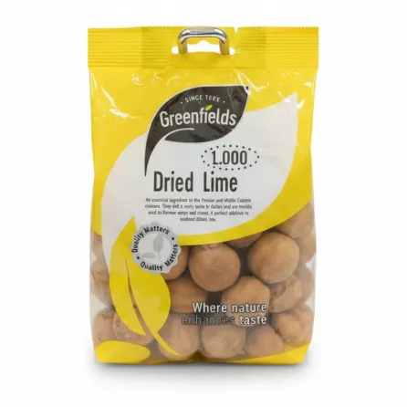 Pack of Greenfields brand dried limes in yellow and transparent bag