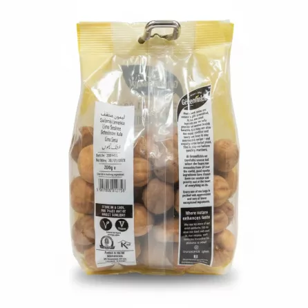 Back view of Greenfields dried limes package showing label, barcode and storage instructions