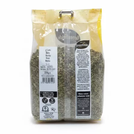 Greenfields Mint dried herb packet back with ingredients and storage info