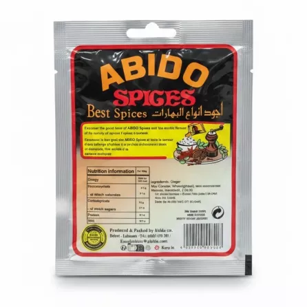 Back of Abido Spices ginger powder 50g sachet showing nutrition and ingredients