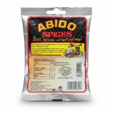 Back of Abido Anise Seeds pack showing ingredients and nutritional info