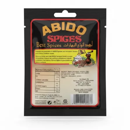 Back view of Abido Shawarma Spices packet showing ingredients, nutrition, and product details