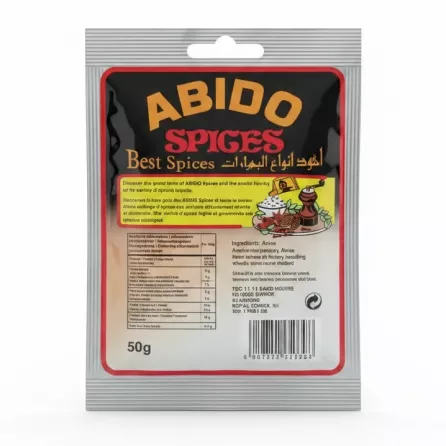 Abido brand anise spice 50g back packaging with ingredients and nutritional info