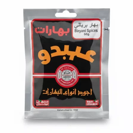 Front view of Abido Biryani Spices 50g pack