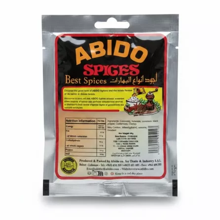 Back view of Abido Biryani Spices with ingredients and nutrition info