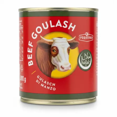 Canned Podravka beef goulash with halal certification