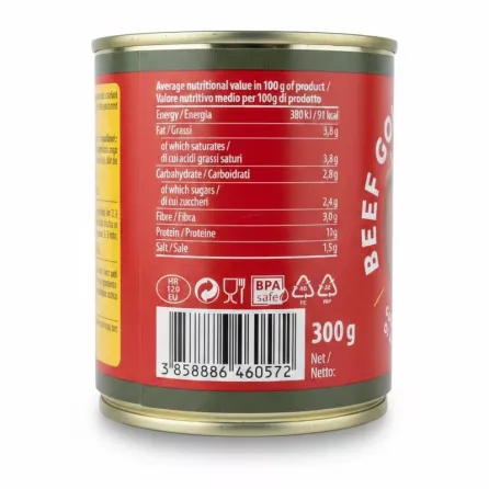 Nutrition information and barcode on Podravka beef goulash can