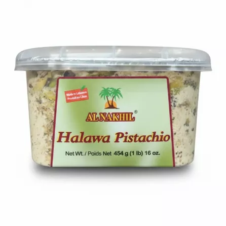 Close-up front label of Al Nakhil Halawa Pistachio tub