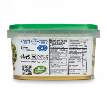 Back label of halva tub showing nutritional facts and certification logos