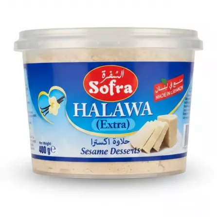 Sofra Halawa sesame dessert in clear plastic tub with blue label