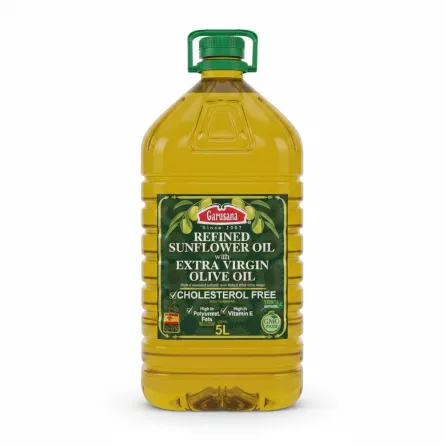 5 litre bottle of Garusana refined sunflower oil with extra virgin olive oil