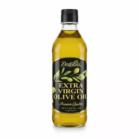 Bottle of Dospani Extra Virgin Olive Oil front label on a white background