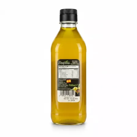 Back view of Dospani Extra Virgin Olive Oil bottle showing nutrition facts and barcode