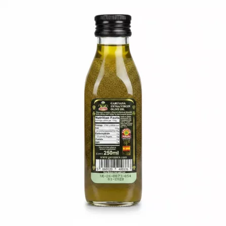 Garusana Extra Virgin Olive Oil bottle back with nutritional facts and halal certification
