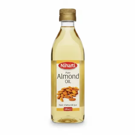 Bottle of Niharti Pure Almond Oil 500ml front label with almonds image