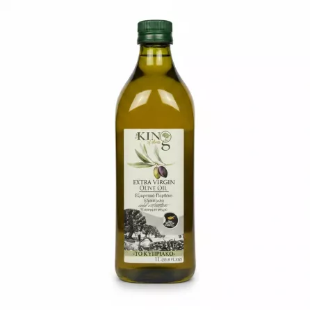 1 litre bottle of King of Olives Extra Virgin Olive Oil front label showing olive illustration