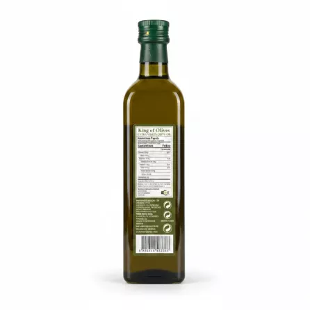 Back label of King of Olives Extra Virgin Olive Oil with nutritional facts and product details