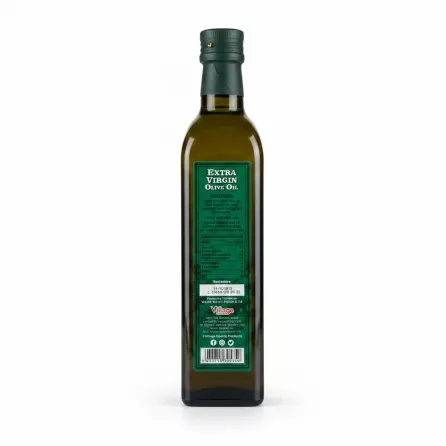 Bottle of Village Extra Virgin Olive Oil back label with nutritional information