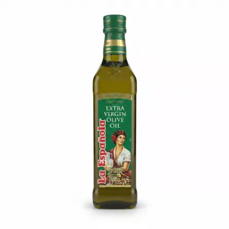 Bottle of La Española Extra Virgin Olive Oil with green label and woman illustration