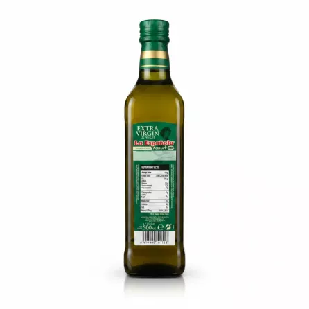 Back label of La Española Extra Virgin Olive Oil showing nutritional facts and barcode