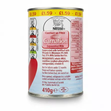 Nutrition and ingredient information on Nestlé Carnation Evaporated Milk can