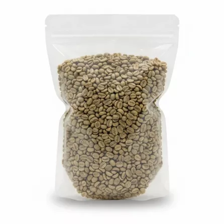 Close-up of R&R Green Coffee Beans in resealable bag