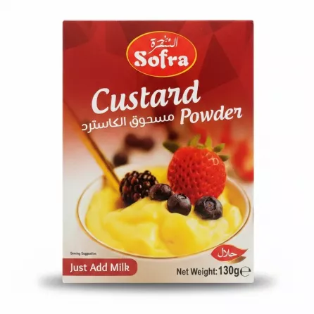 Sofra custard powder box front with custard and berries