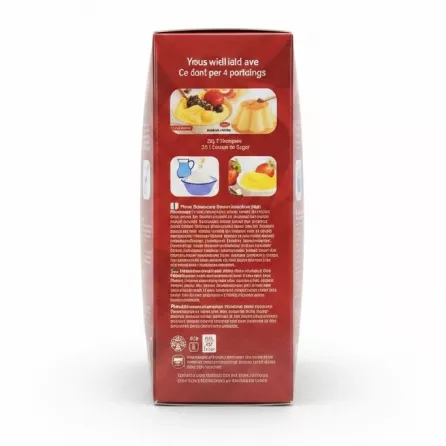 Sofra custard powder box back with preparation instructions and ingredients