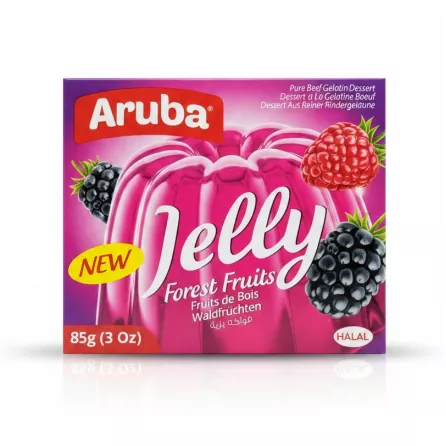 Front packaging of Aruba Forest Fruits Jelly dessert showing jelly and fruit images