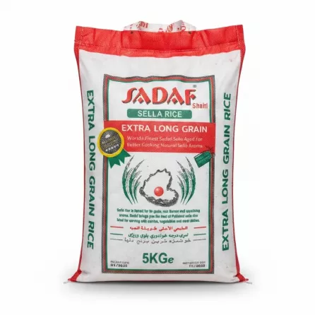 5kg bag of Sadaf Sella Extra Long Grain Rice front view