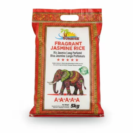 Sunrise Fragrant Jasmine Rice 5kg bag front packaging with decorative elephant