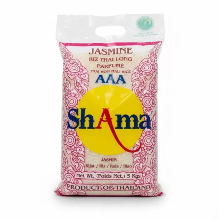 Full 5kg bag of Shama Jasmine Thai Long Grain Rice packaging front