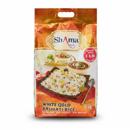 5kg bag of Shama Paris White Gold Basmati Rice with decorative golden packaging