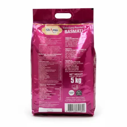 Back of Shama Basmati rice bag showing cooking instructions and nutrition facts