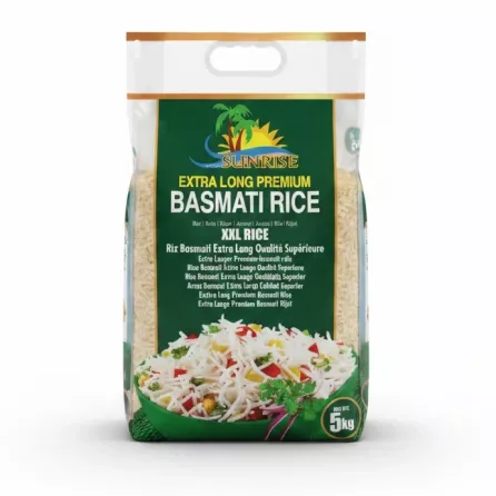 5kg pack of Sunrise Extra Long Premium Basmati Rice showing front packaging with product name and food image