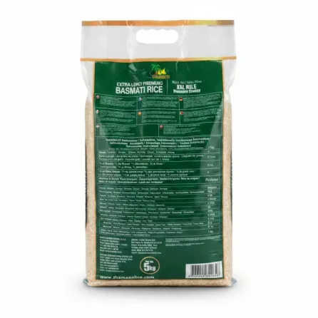 Back of 5kg Sunrise Basmati Rice pack with cooking instructions and nutritional info