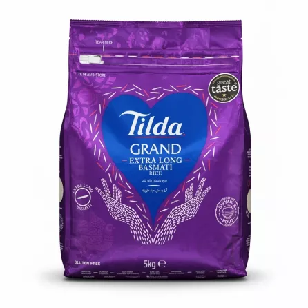 Front view of Tilda Grand Extra Long Basmati Rice 5kg resealable bag with purple and blue design