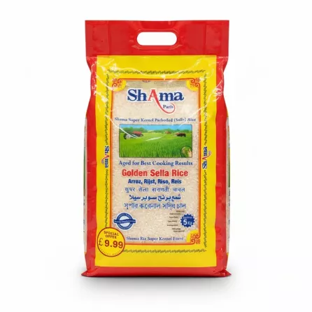Shama Golden Sella Parboiled Rice 5kg front pack view