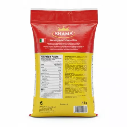 Shama Golden Sella Parboiled Rice 5kg back pack view with nutritional info