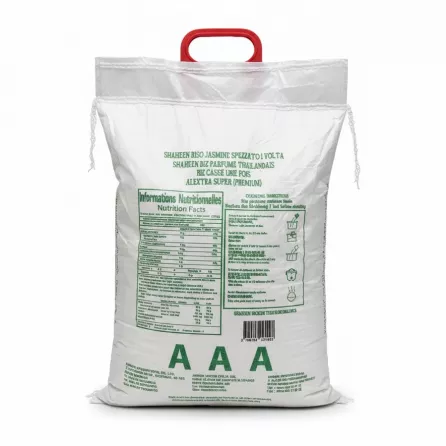 Back side of Shaheen Broken Thai Jasmine Rice bag with nutrition facts and cooking directions