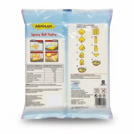 Back side of Armaan Spring Roll Pastry pack with nutritional info and folding instructions