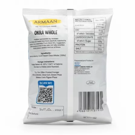 Back view of Armaan frozen okra pack showing nutritional info and barcode
