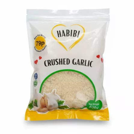 Pack of Habibi Crushed Garlic shows white and yellow packaging with garlic illustration