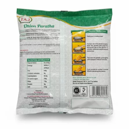 Back of Taj Onion Paratha package with cooking instructions, nutrition facts, and barcode