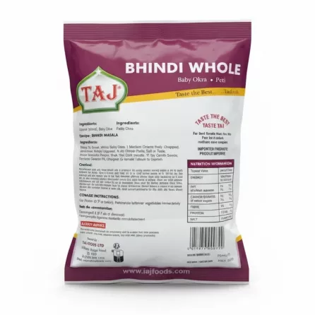 Back label of Taj Bhindi Whole Baby Okra with ingredients, cooking instructions, and nutrition facts