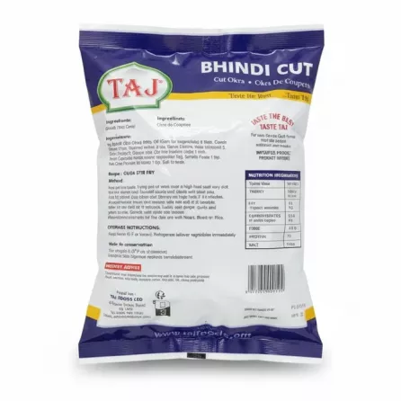 Back of Taj frozen cut okra pack with ingredients and nutrition info
