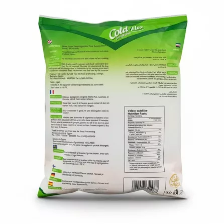 Cold Alex Frozen Mixed Vegetables pack back with ingredient and nutrition info
