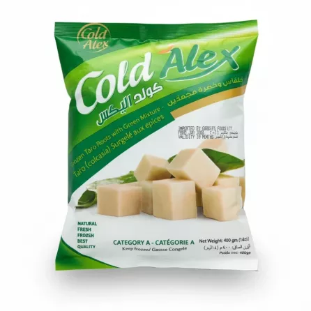 Cold Alex frozen taro roots with green mixture packaging front