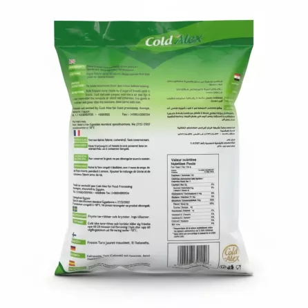 Cold Alex frozen taro roots with green mixture packaging back with ingredients and nutrition facts