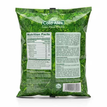Cold Alex Frozen Minced Molokhia back packaging with nutritional facts and barcode